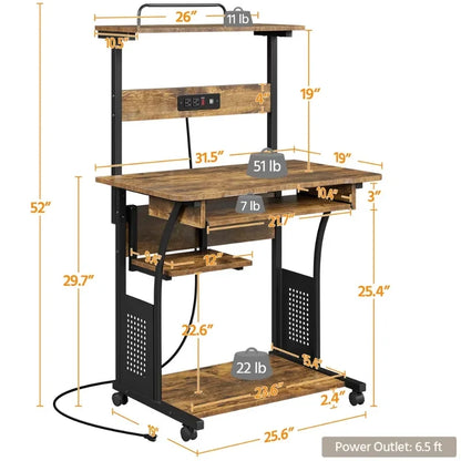 3 Tiers Computer Desk with Charging Station Printer