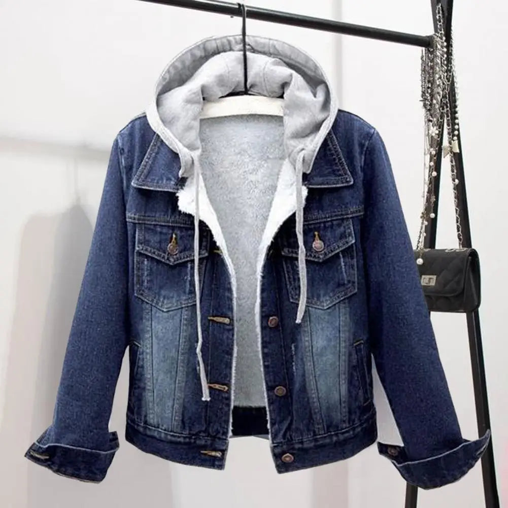 Women Solid Long Sleeves Detachable Hat Denim Jacket