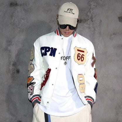 Multi-letter Embroidery White Baseball Leather Jacket