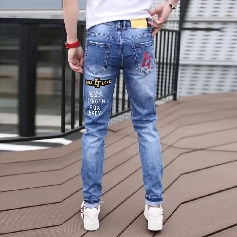 Mens  Embroidery Skinny Denim Pencil Pants