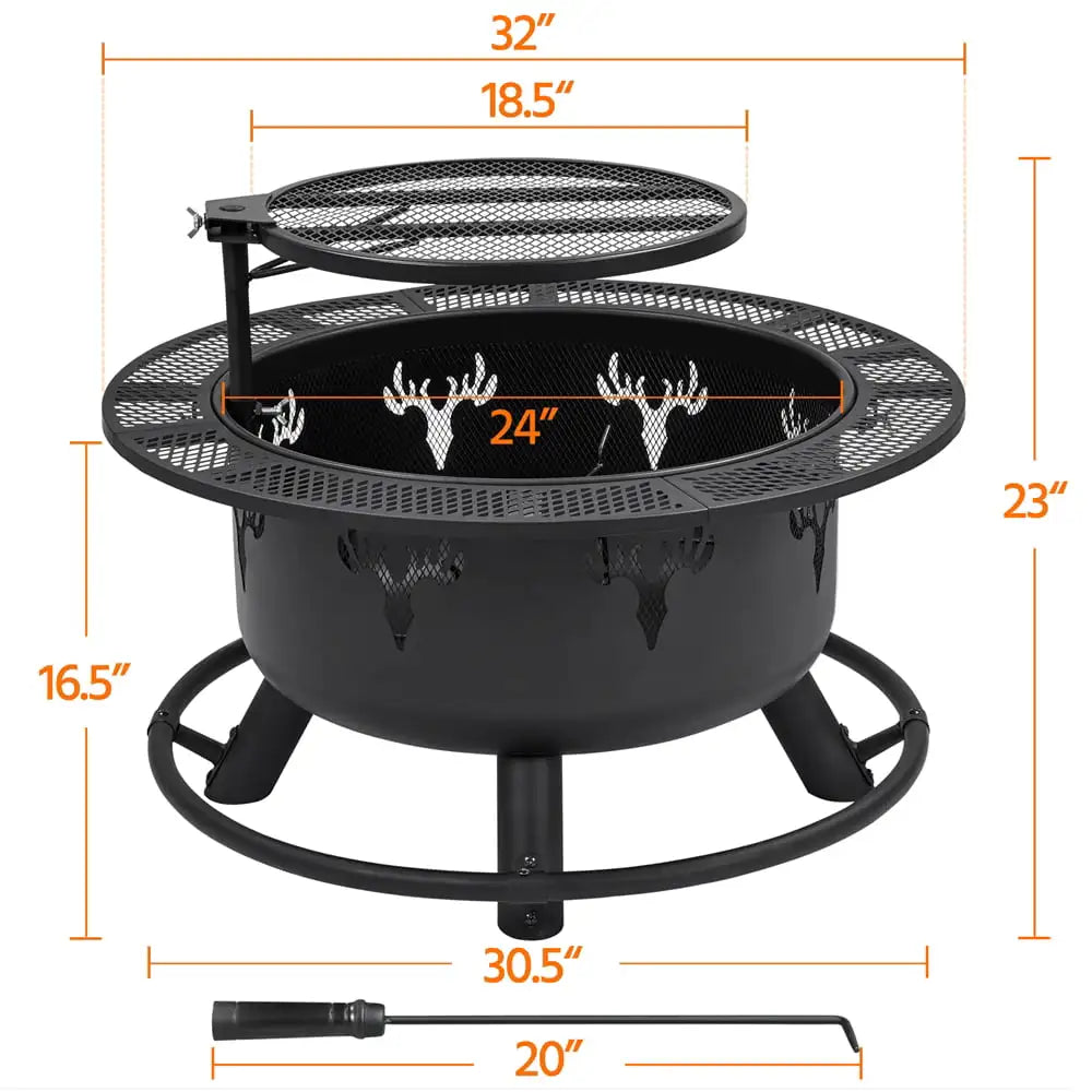 Modern 32" Round Black Finish Iron Fire Pit