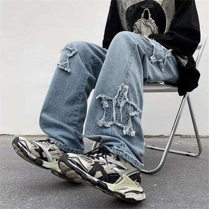 Men Fashion Stars Towel Embroidery Baggy Jeans