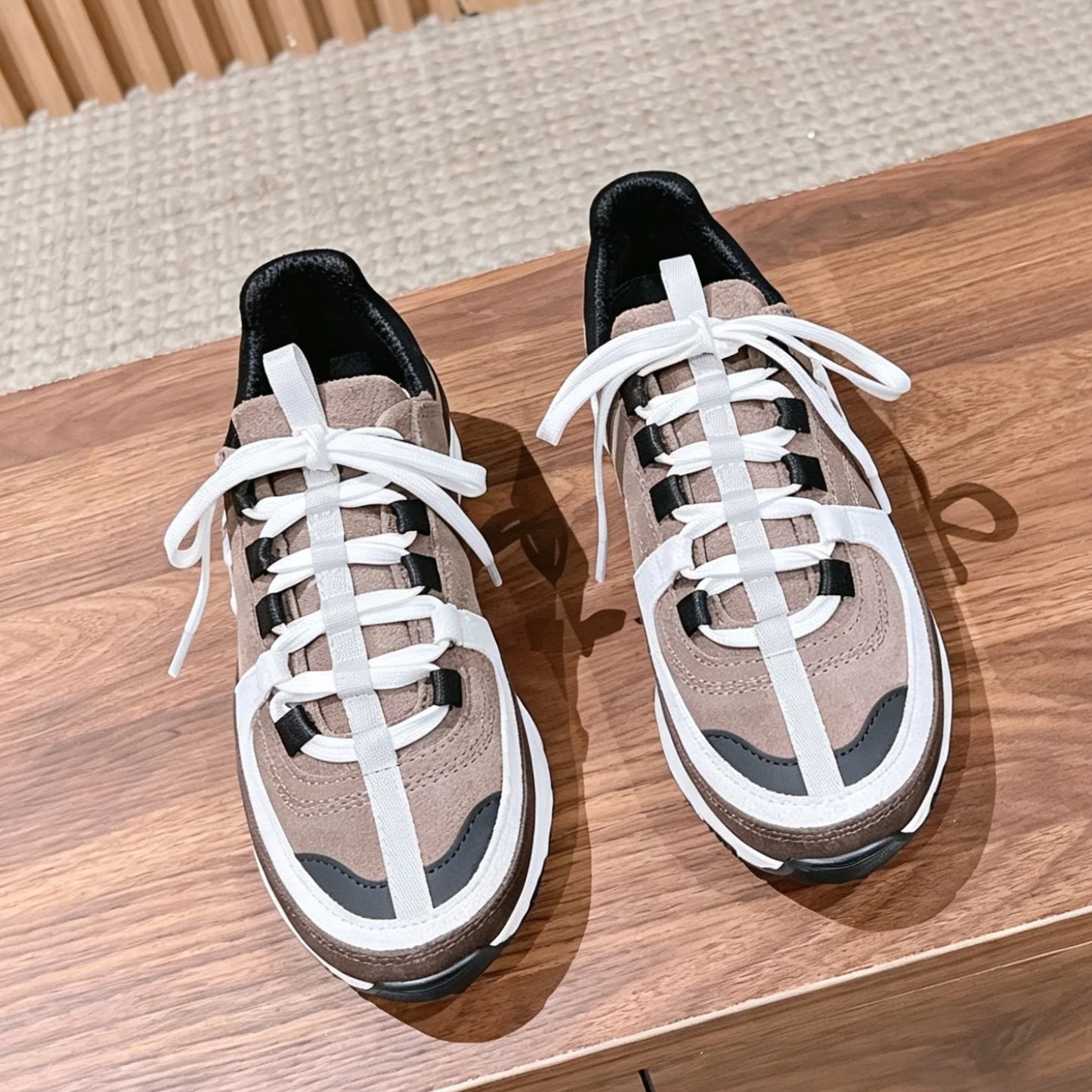 Retro Chunky Sneakers  Genuine Leather Round-Toe Lace-Up