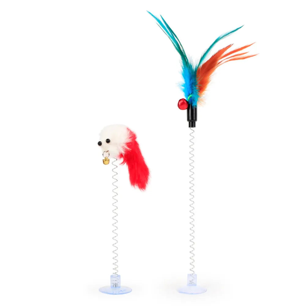 Cat Suction Cup Spring Feather With Bell Toys