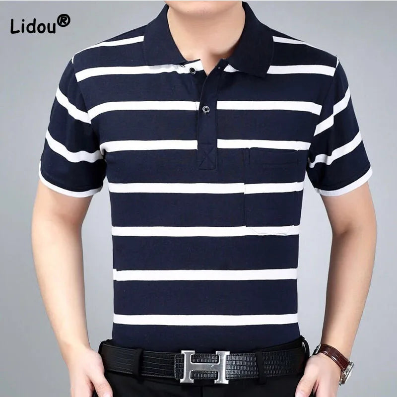 Casual Contrast Color Striped Polo T Shirt