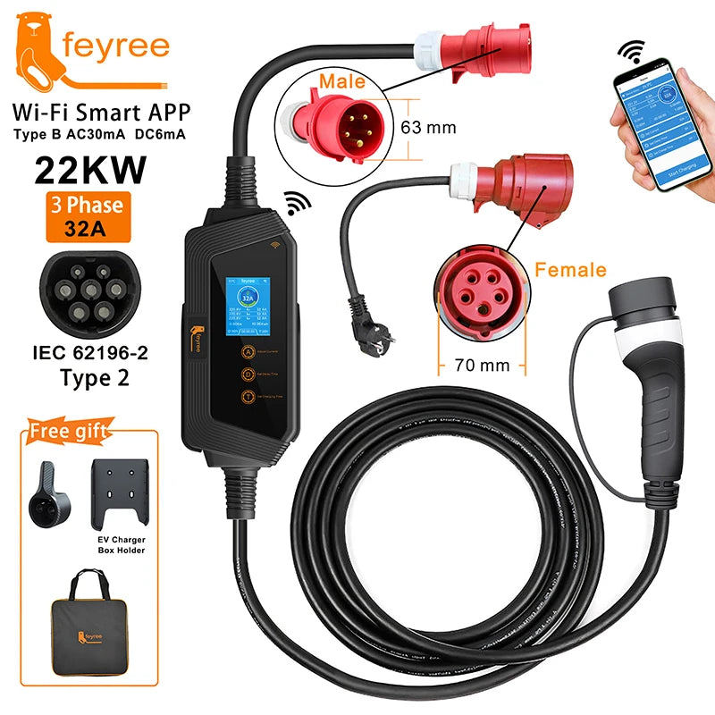 22KW 32A 3Phase Type2 Portable EV Charger