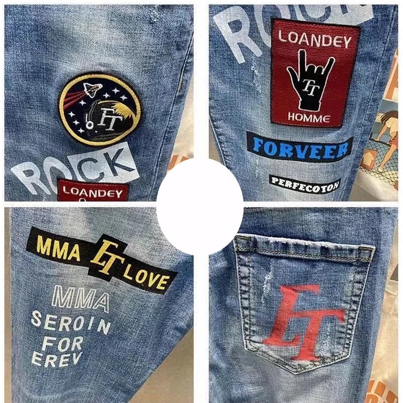 Mens  Embroidery Skinny Denim Pencil Pants