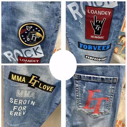 Mens  Embroidery Skinny Denim Pencil Pants