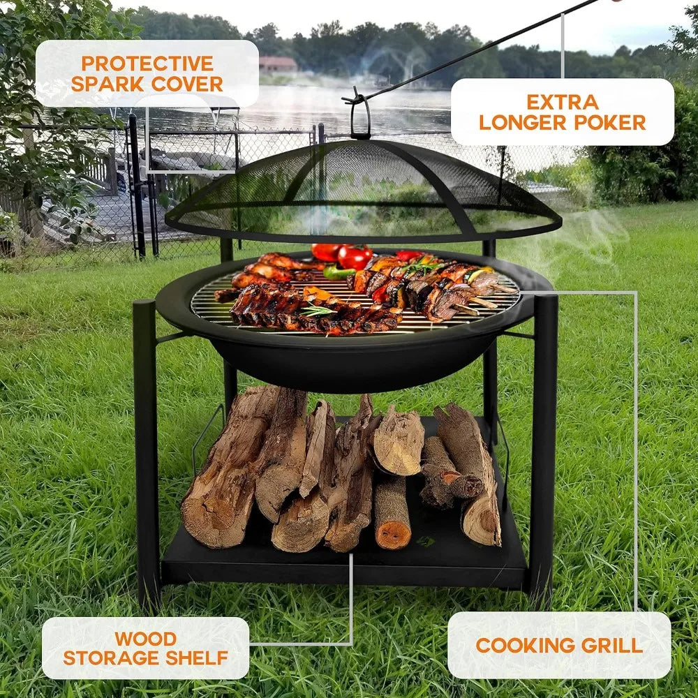 Portable Outdoor Steel BBQ Grill  Burning Fire Pit Bowl