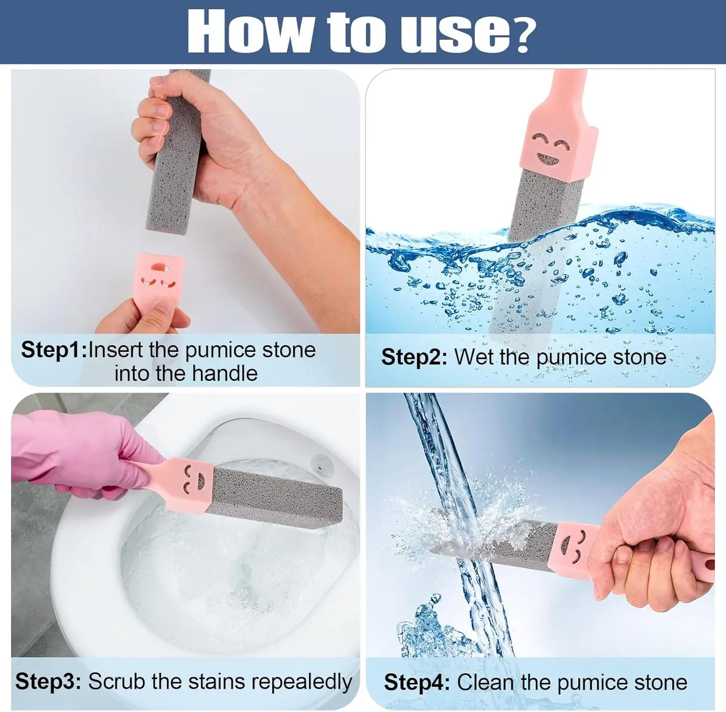 2 Pack Pumice Stone Cleaner with 2 Universal Handles - Grey Scouring Sticks for Toilets Bathrooms Kitchens Spas Pools