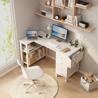 White L Shaped Computer Desk with Drawers