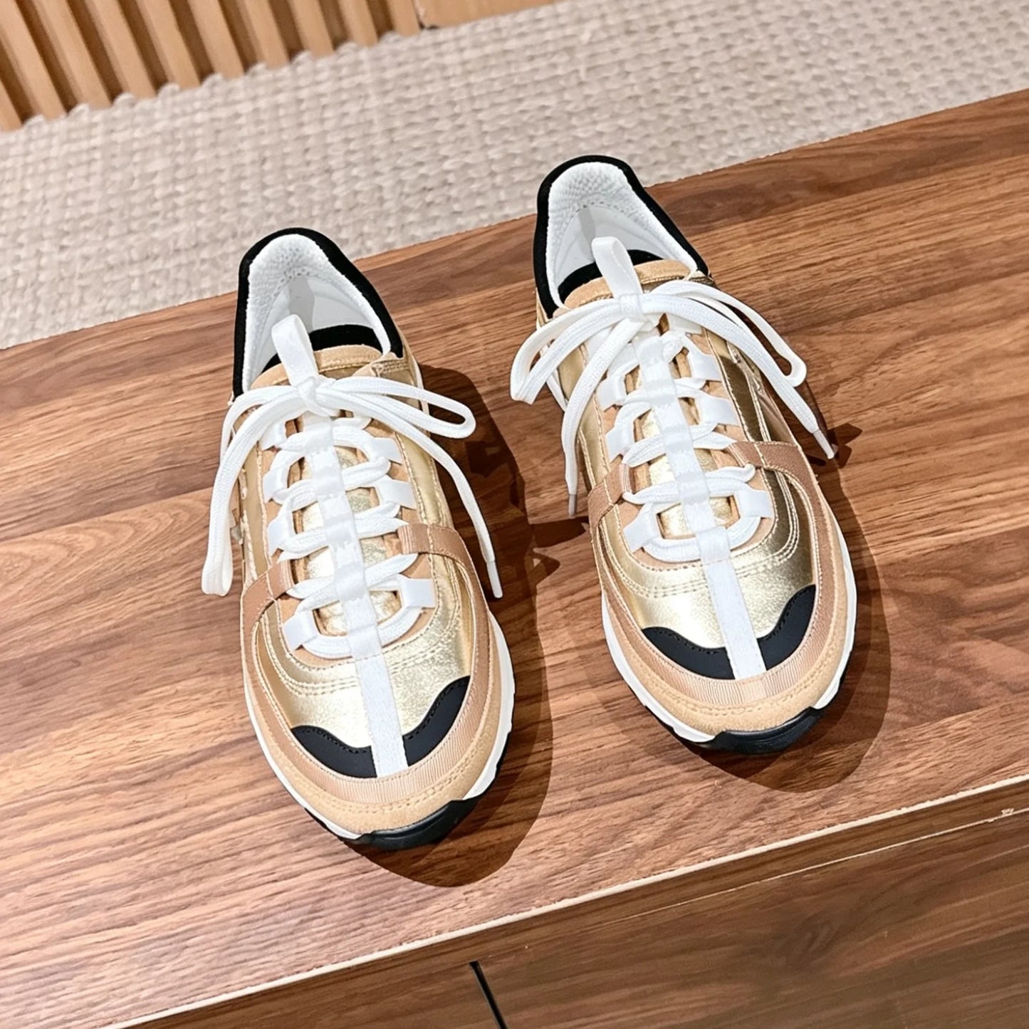 Retro Chunky Sneakers  Genuine Leather Round-Toe Lace-Up