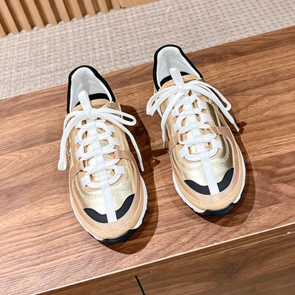 Retro Chunky Sneakers  Genuine Leather Round-Toe Lace-Up