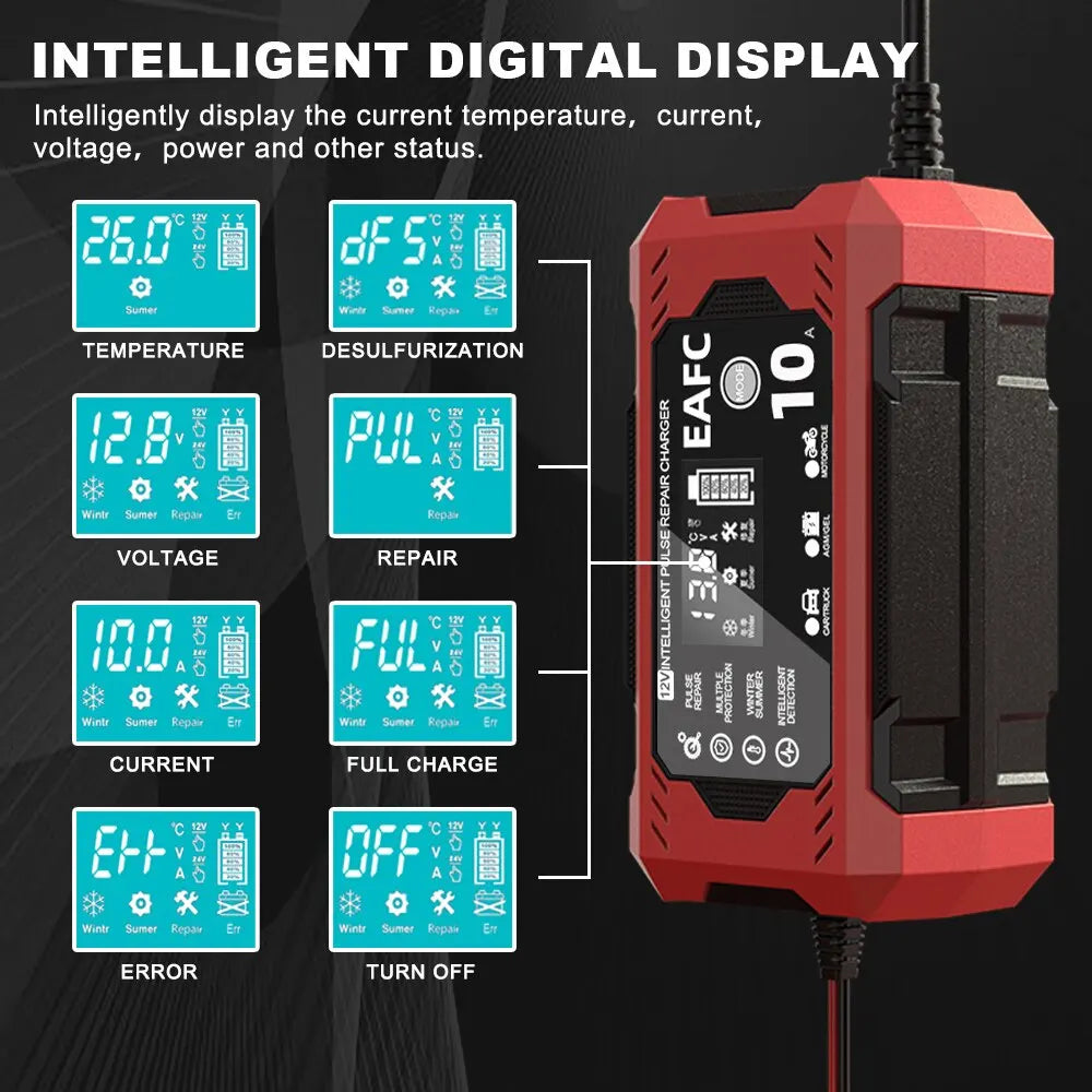 Car Battery Charger 12V 8A 10A Touch Screen Pulse Repair