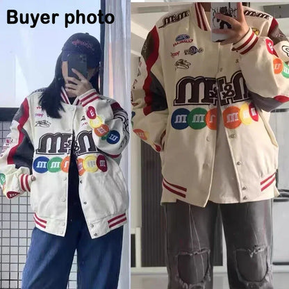 Women Embroidery Motorcycle Loose Baseball Bomber Jacket