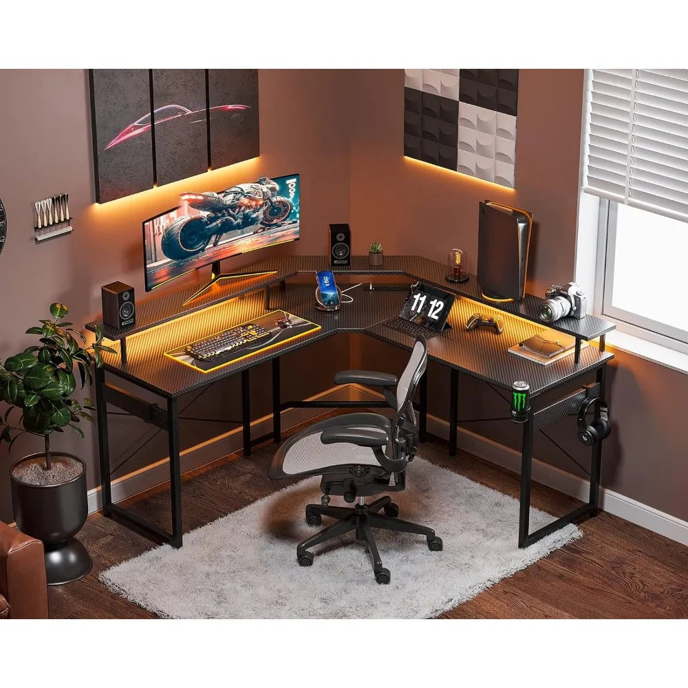 L Shaped Gaming Computer Desk with LED Lights