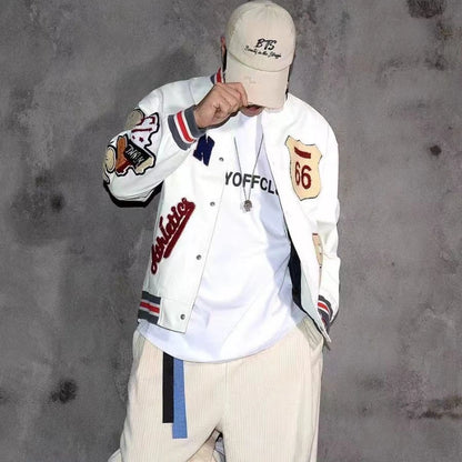 Multi-letter Embroidery White Baseball Leather Jacket