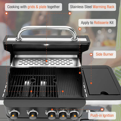 5 Burners Propane Gas BBQ Grill with Side Burner