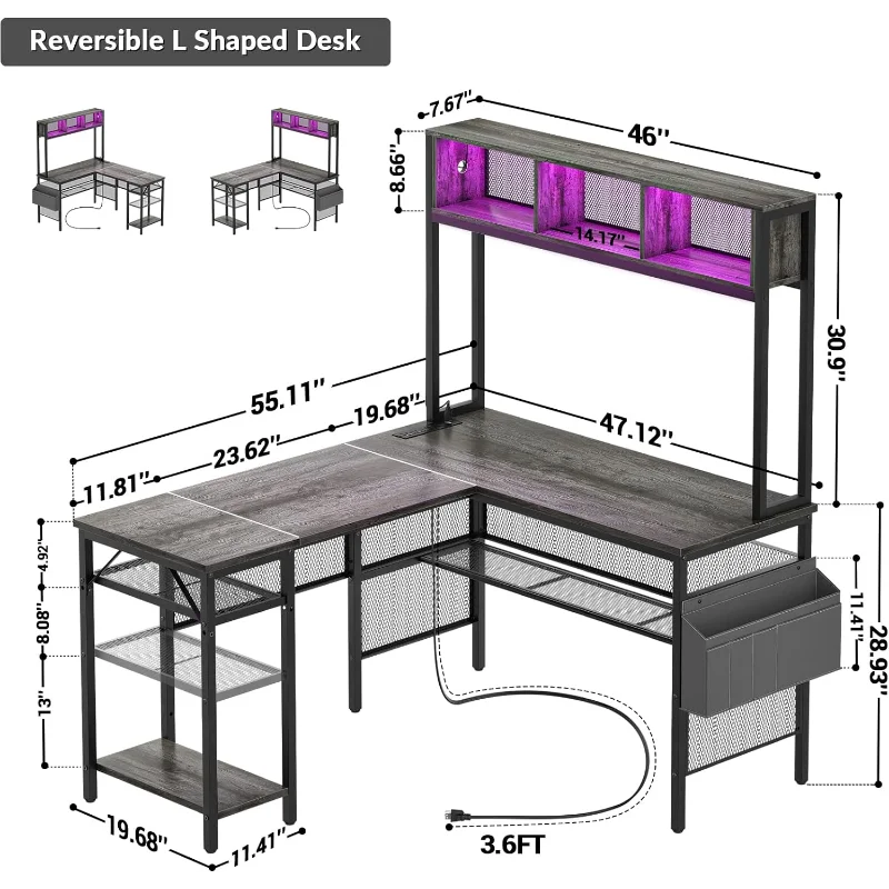 L Shaped Computer Desk with LED Strip and Power Outlets