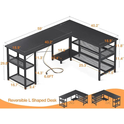 59" L Shaped Computer Desk with Power Outlet