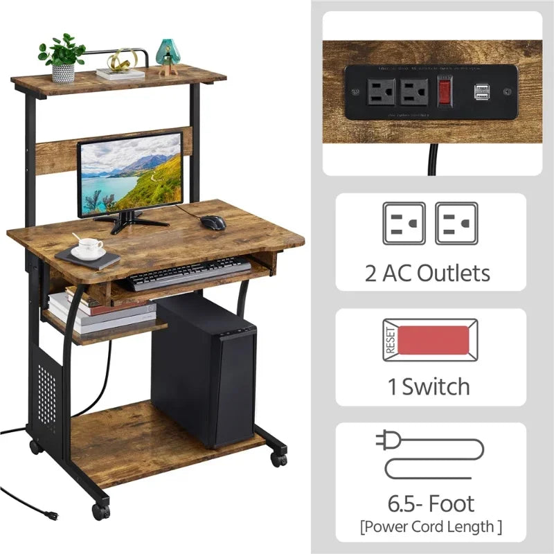 3 Tiers Computer Desk with Charging Station Printer