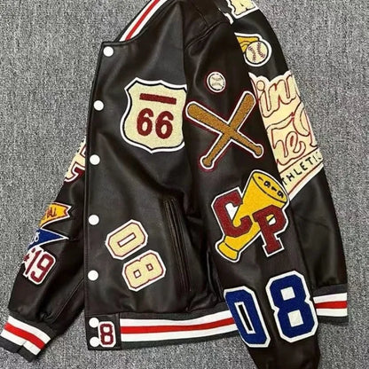 Multi-letter Embroidery White Baseball Leather Jacket