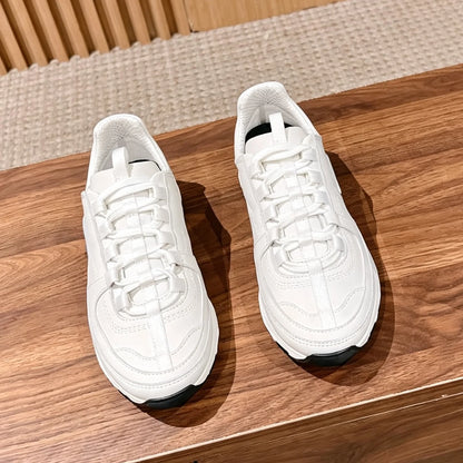 Retro Chunky Sneakers  Genuine Leather Round-Toe Lace-Up