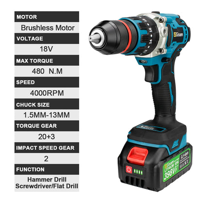 18V 13mm 480N.M Brushless Electric Impact Drill