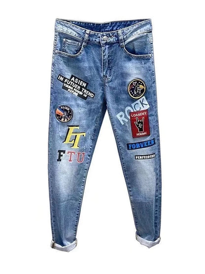 Mens  Embroidery Skinny Denim Pencil Pants