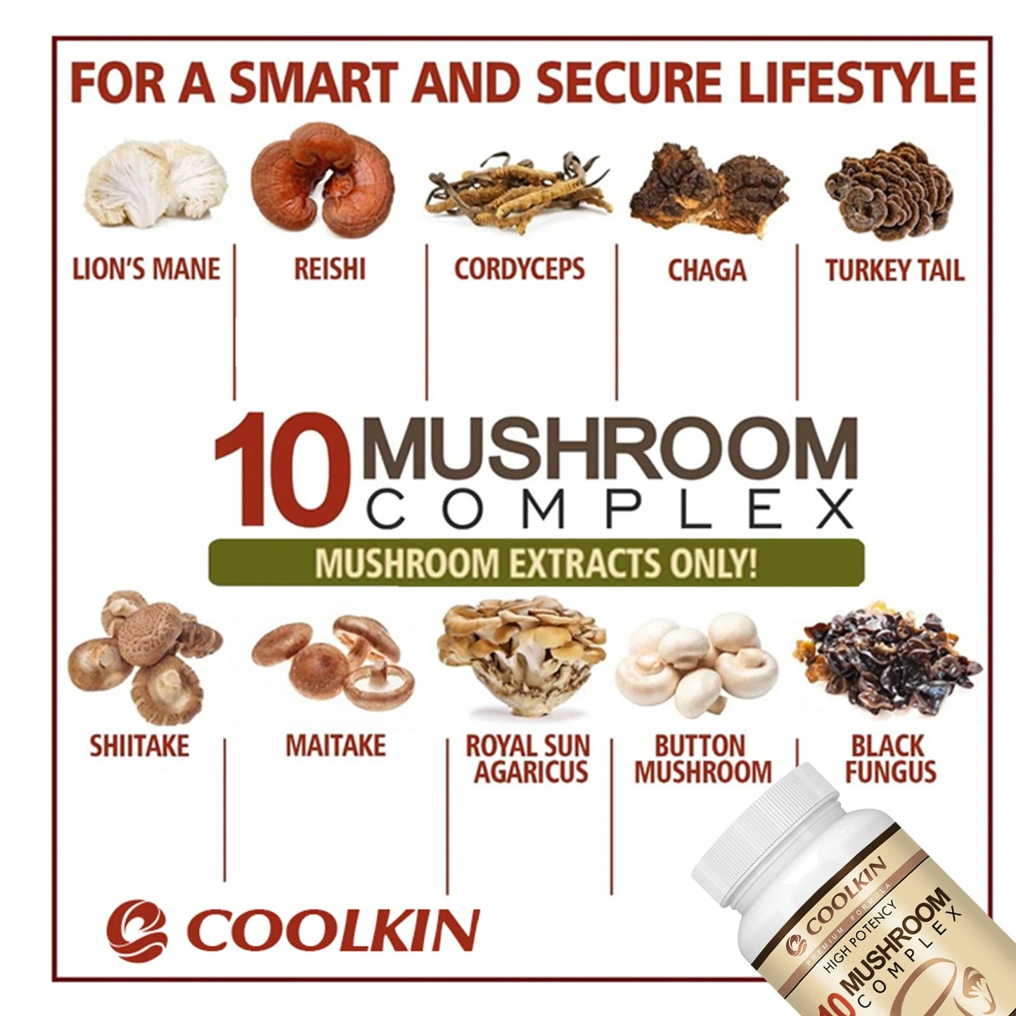 10 Mushroom Complex - Balances Mood, Immune Support- 120 Capsules