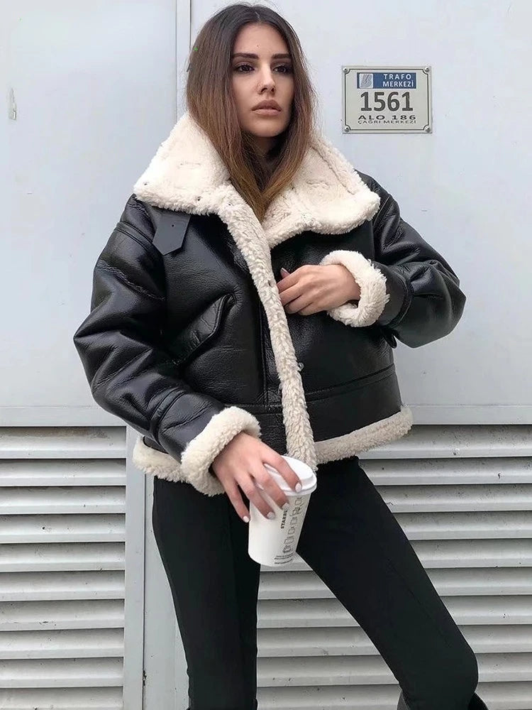 Women Fashion Thick Warm Faux Leather Jacket