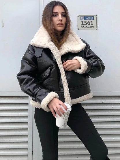 Women Fashion Thick Warm Faux Leather Jacket