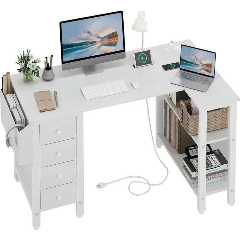 White L Shaped Computer Desk with Drawers