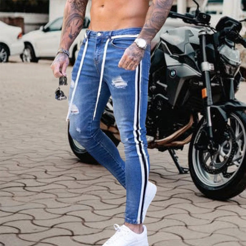 Men Knee Hole Ripped Stretch Skinny Denim Pants