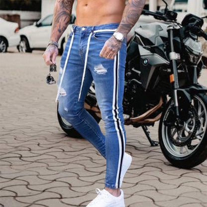 Men Knee Hole Ripped Stretch Skinny Denim Pants