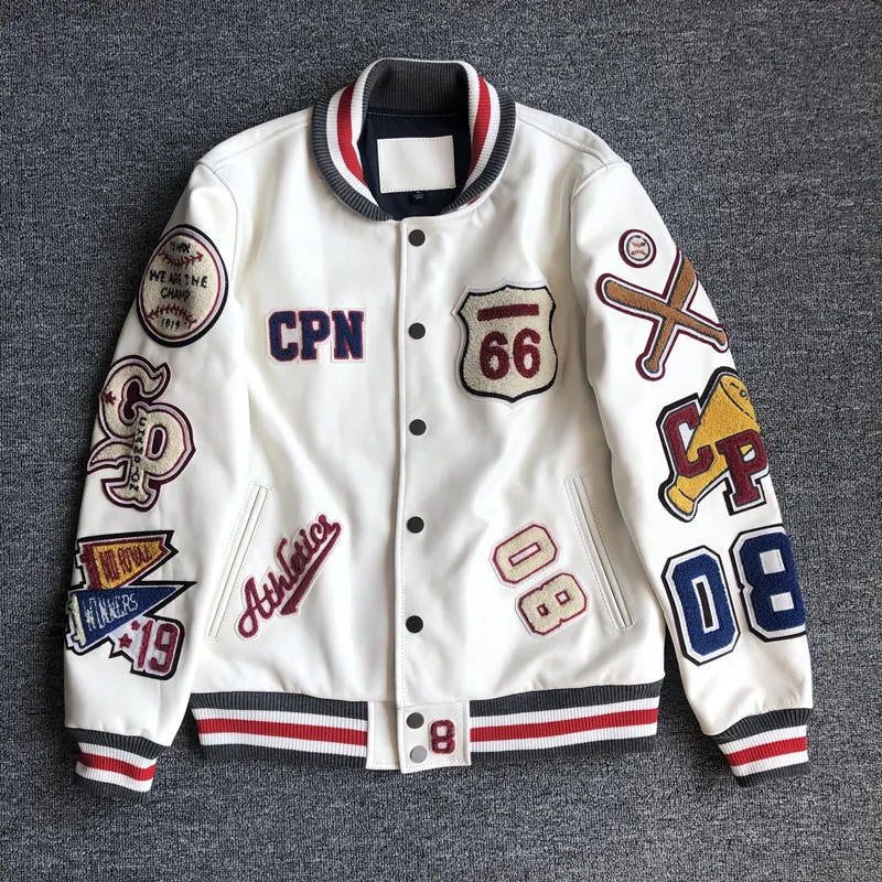 Multi-letter Embroidery White Baseball Leather Jacket