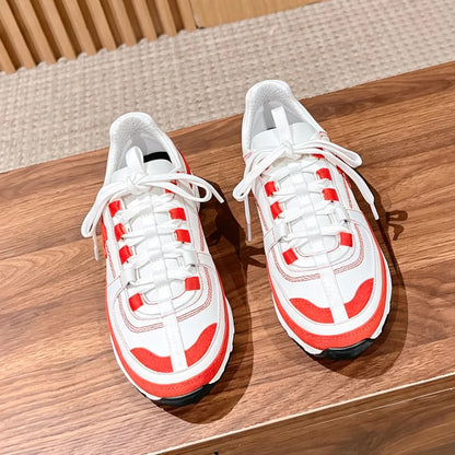 Retro Chunky Sneakers  Genuine Leather Round-Toe Lace-Up