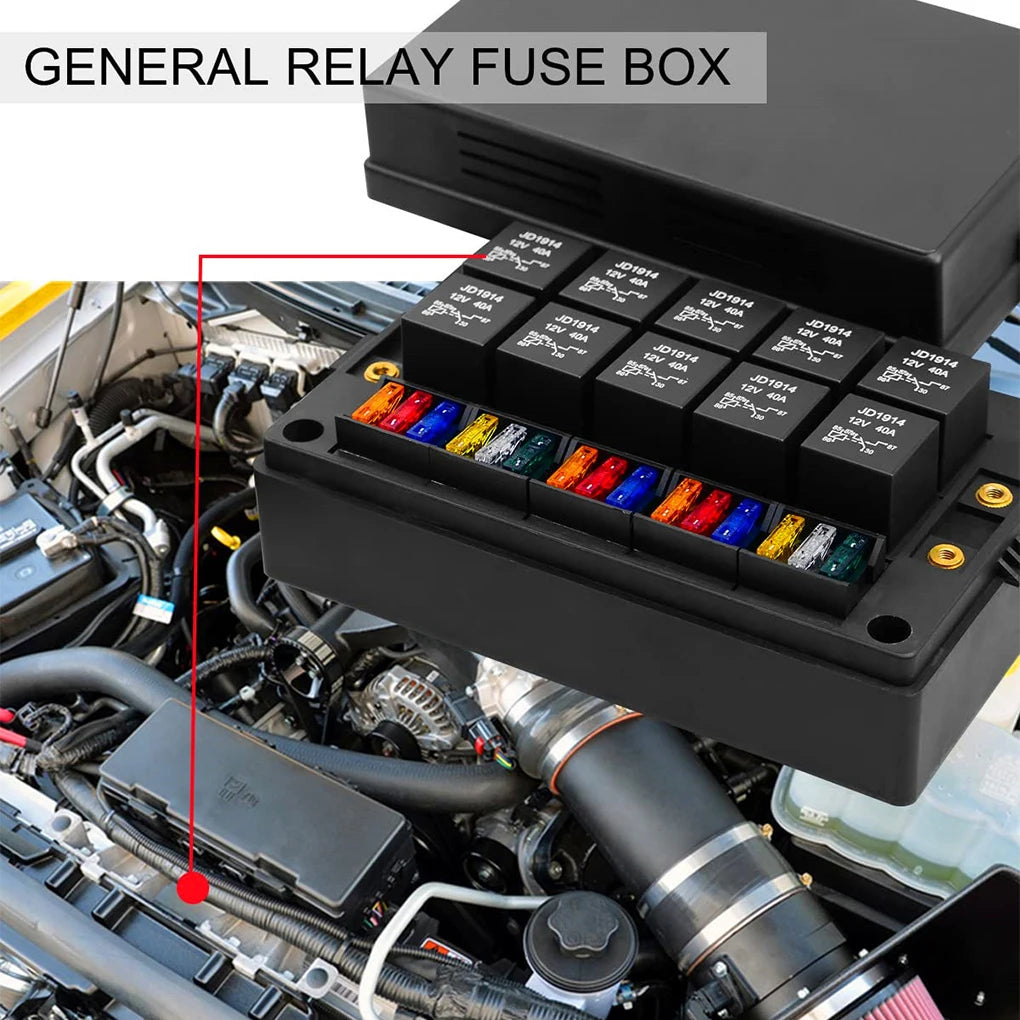 12V Fuse Relay Box Dust-Proof Relay Block Kit with Pre-Wires 5Pin 40A ATC/ATO 15 Fuses Universal Car Truck Fuse Box