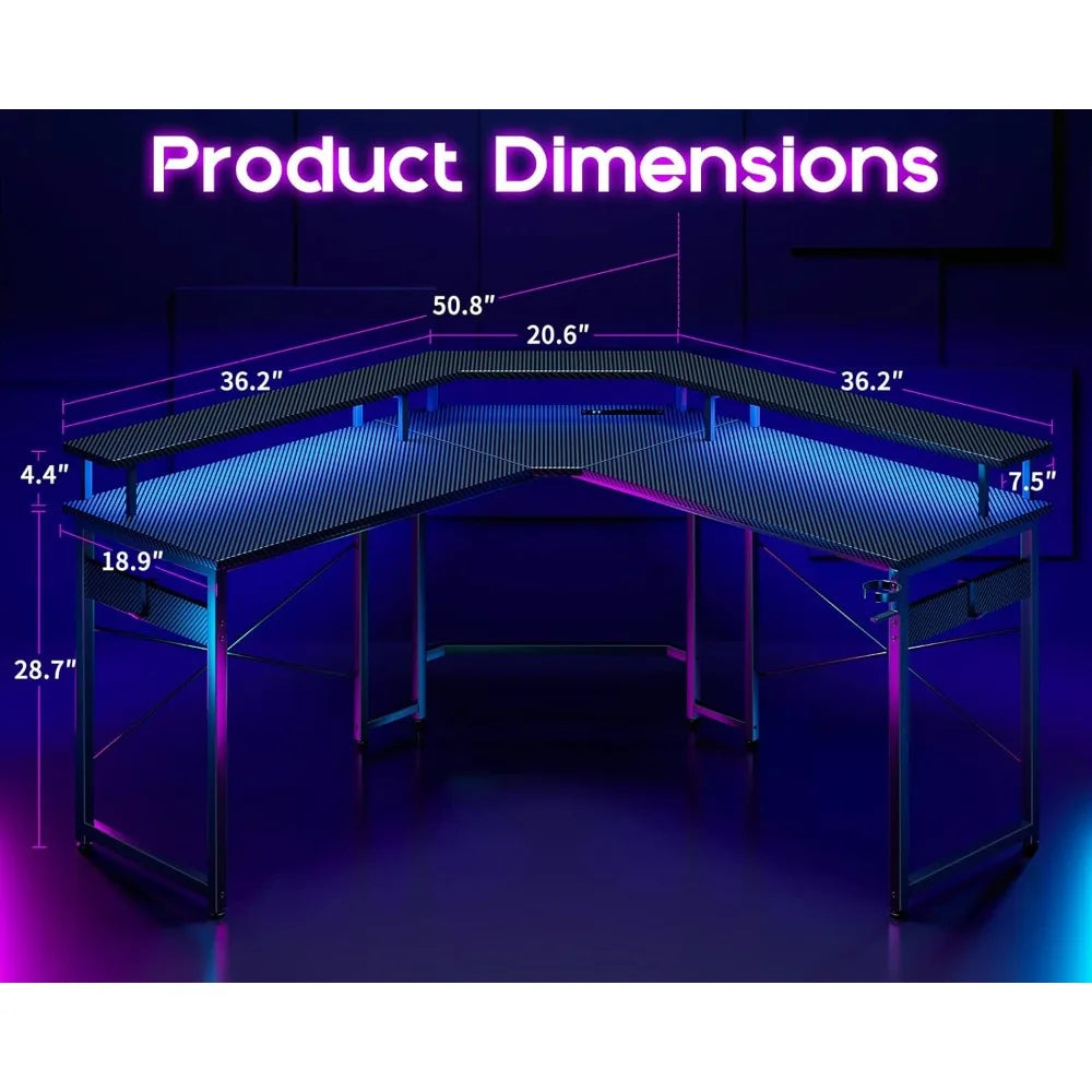 L Shaped Gaming Computer Desk with LED Lights