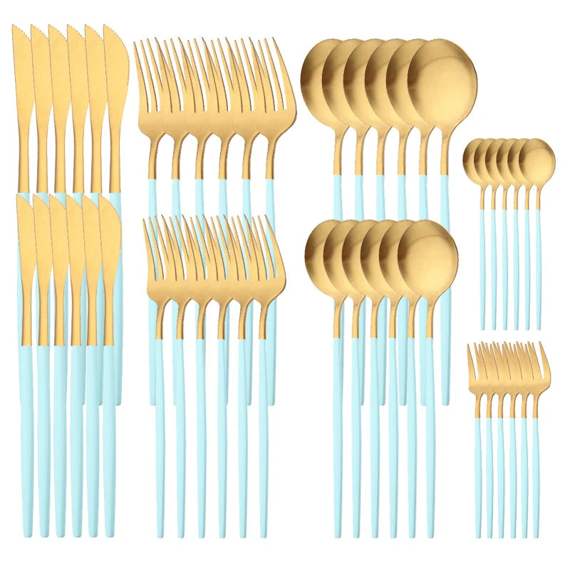 48Pcs Matte Mint Green Gold Tableware Silverware  Set