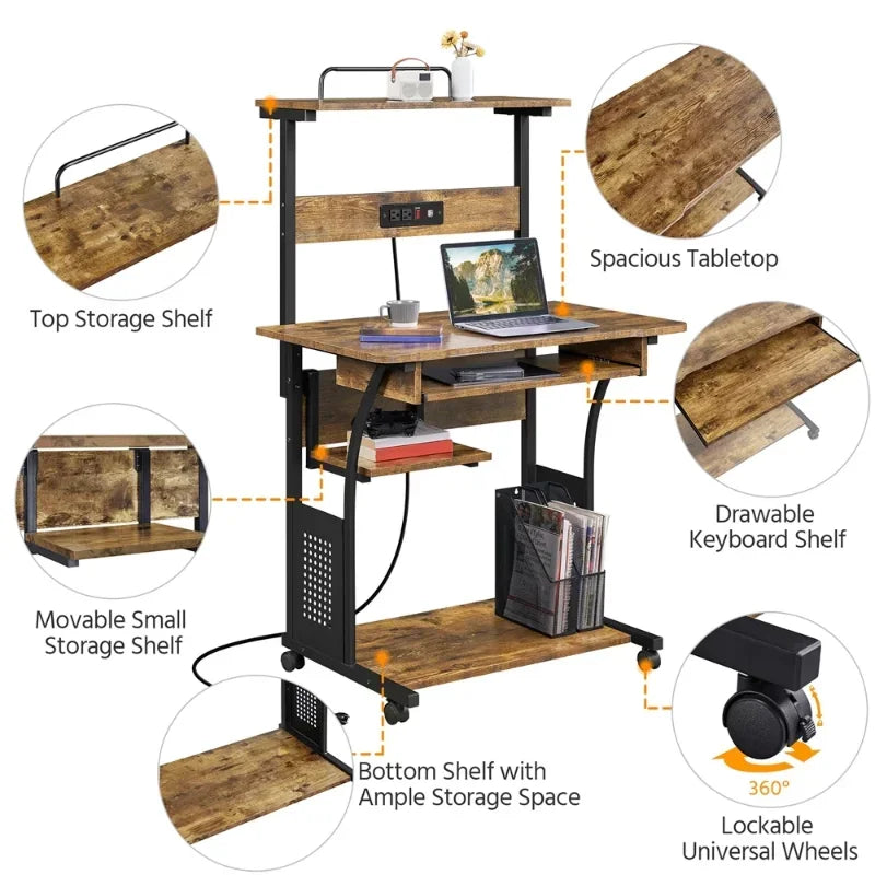 3 Tiers Computer Desk with Charging Station Printer