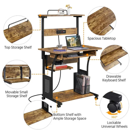 3 Tiers Computer Desk with Charging Station Printer