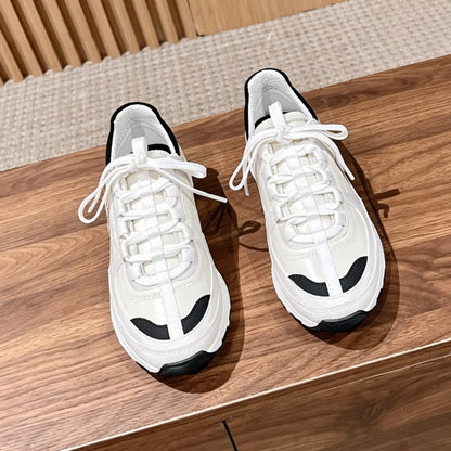 Retro Chunky Sneakers  Genuine Leather Round-Toe Lace-Up