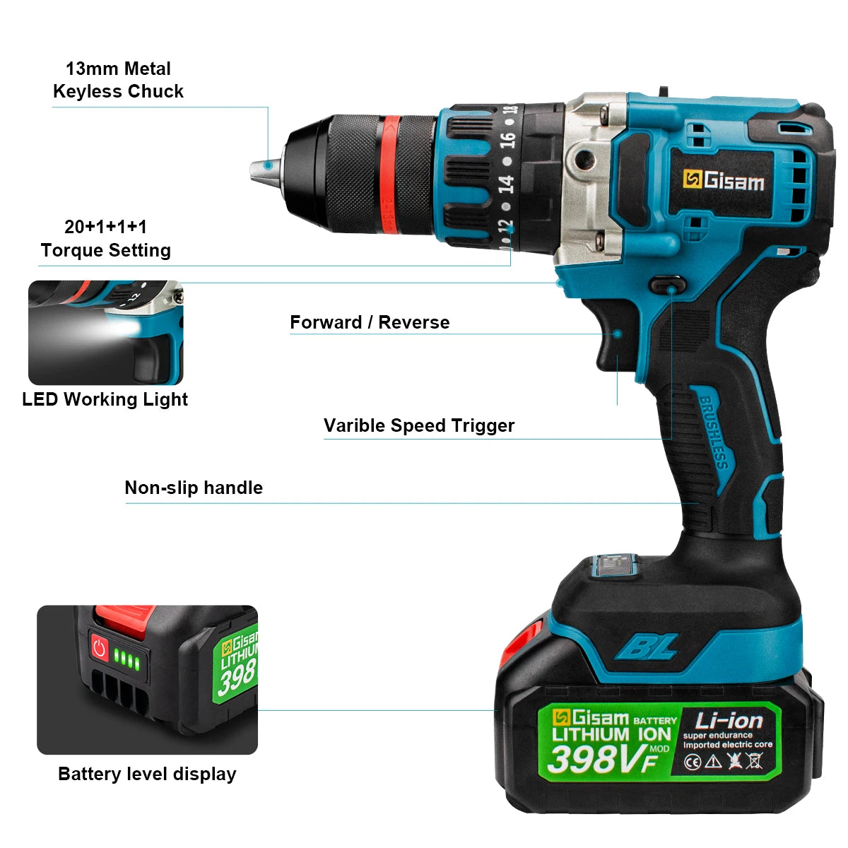 18V 13mm 480N.M Brushless Electric Impact Drill