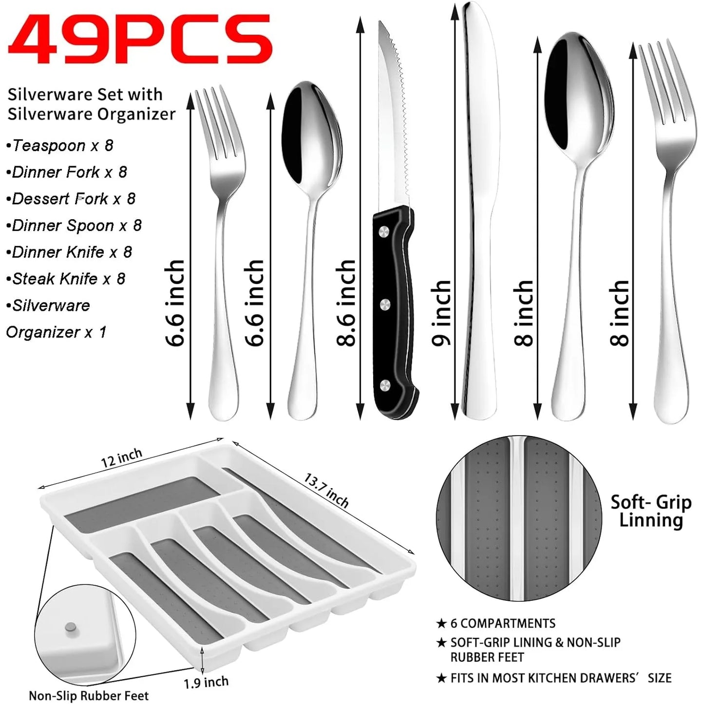 49-Piece Stainless Steel Silverware Set with Cutlery Organizer