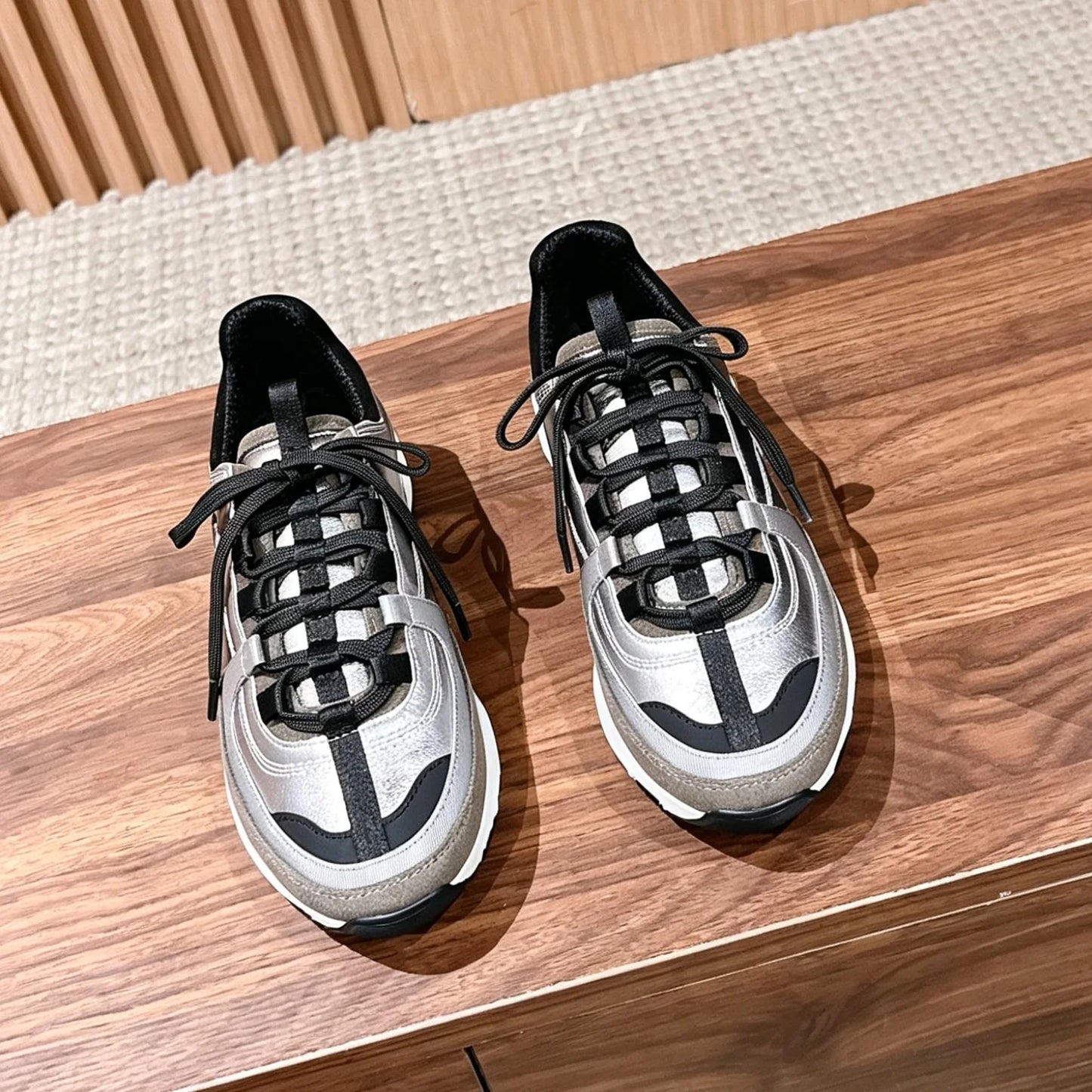 Retro Chunky Sneakers  Genuine Leather Round-Toe Lace-Up