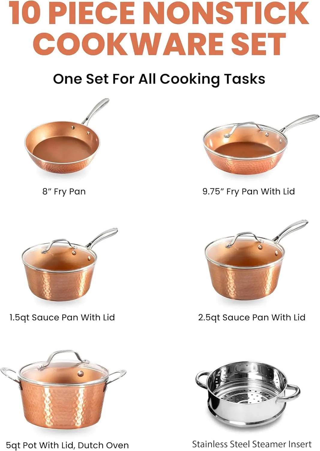 Steel Hammered Copper 10 Pc Pots and Pans Set