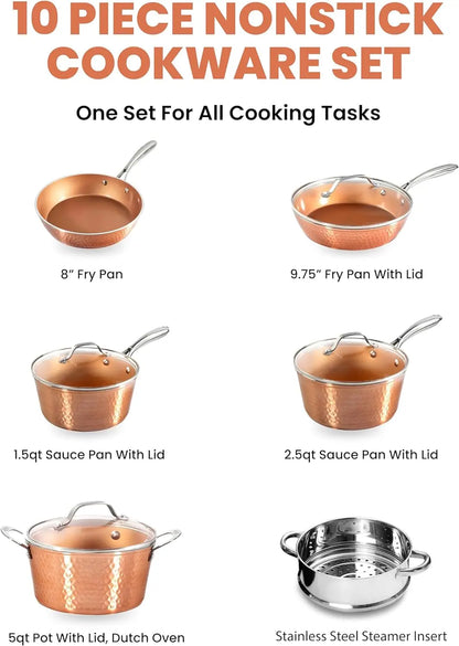 Steel Hammered Copper 10 Pc Pots and Pans Set