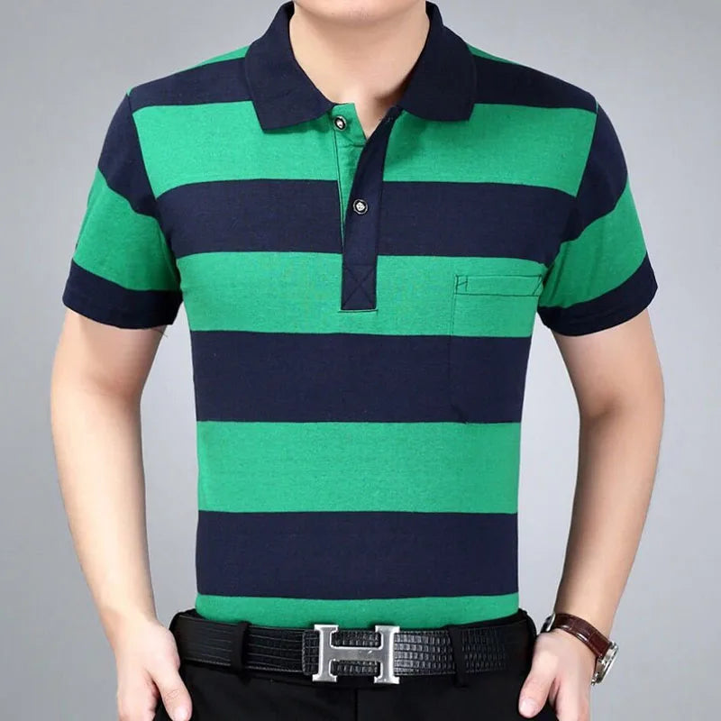 Casual Contrast Color Striped Polo T Shirt