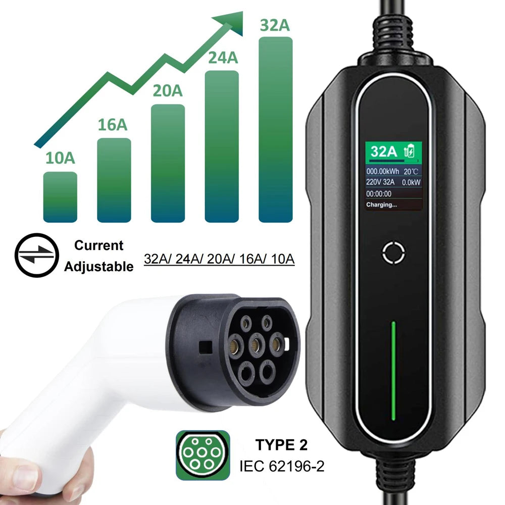 Type 2 32A 1 Phase 7KW  Portable EV Charger